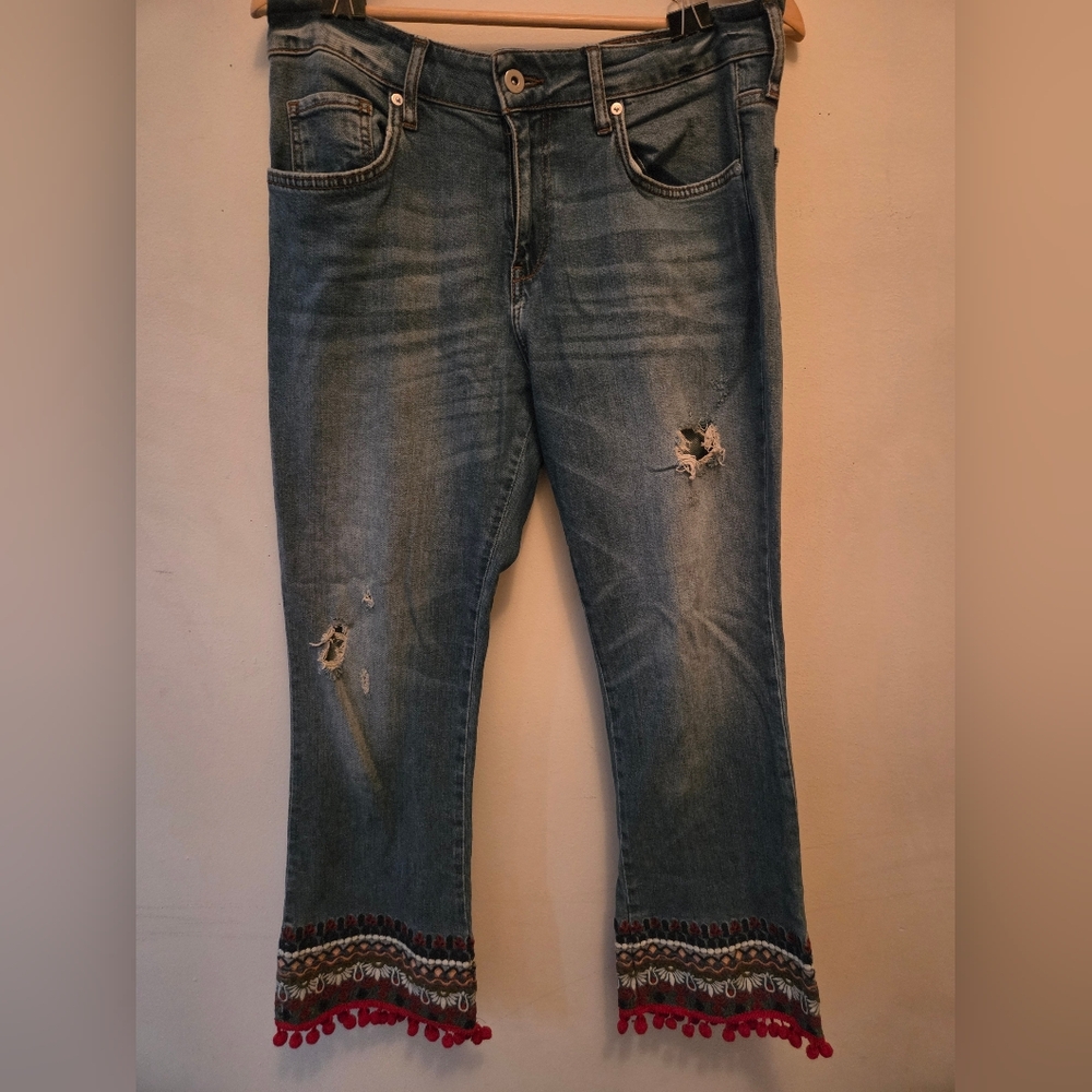 Pilcro and the Letterpress Blue Distressed Cropped Jeans with Red Pom Trim